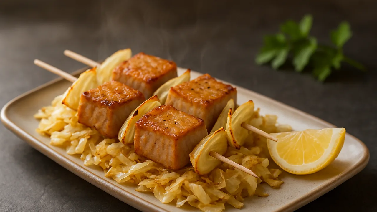 Thunfisch-Spieße mit Weißkohl aus dem Airfryer mit Thunfischsteaks und Weißkohl, auf dunklem Schiefer angerichtet.