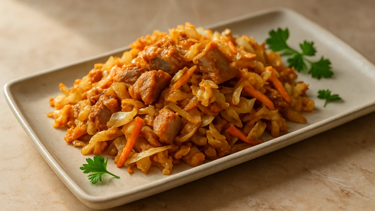 Thunfisch-Weißkohl-Pfanne aus dem Airfryer mit Thunfisch und Weißkohl, auf beigem Marmor angerichtet.