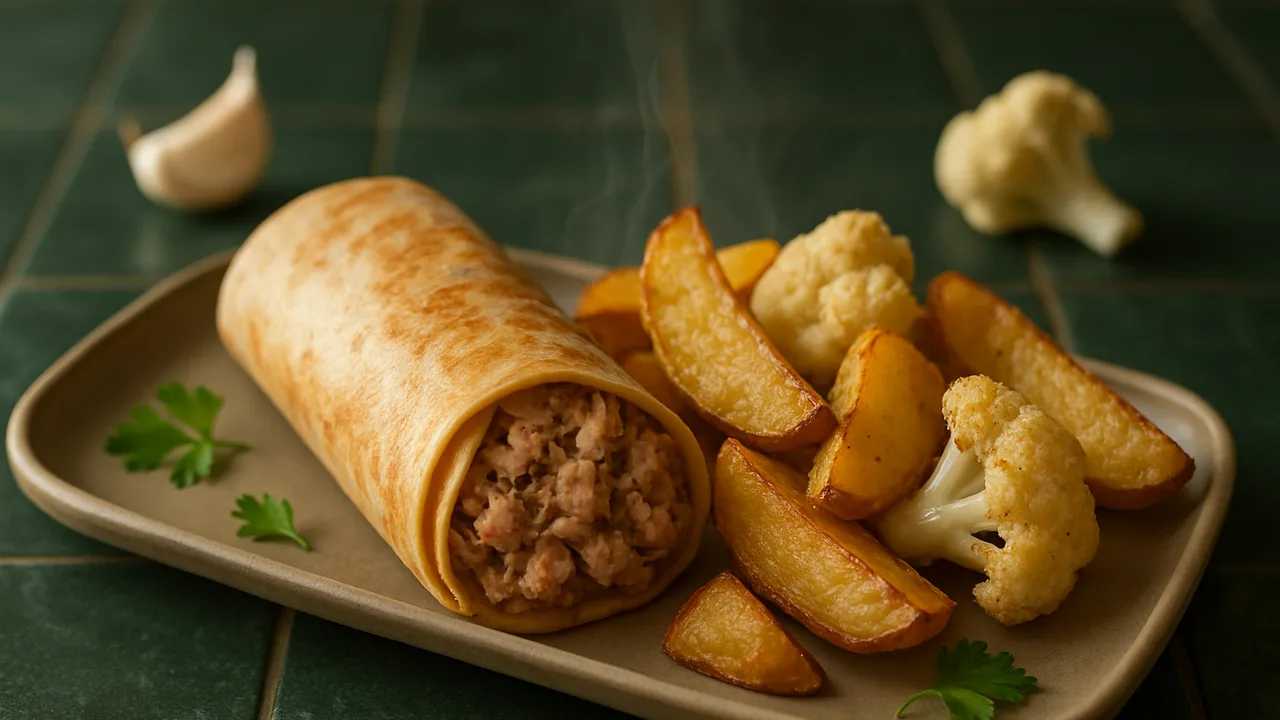 Thunfisch Wrap mit Blumenkohl und Kartoffelspalten aus dem Airfryer mit Kartoffeln und Blumenkohl, auf dunkelgrünen Fliesen …