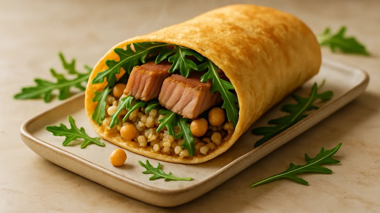 Thunfisch Wrap mit Rucola und Bulgur aus dem Airfryer mit Thunfischsteaks und Kichererbsen, auf beigem Marmor angerichtet.