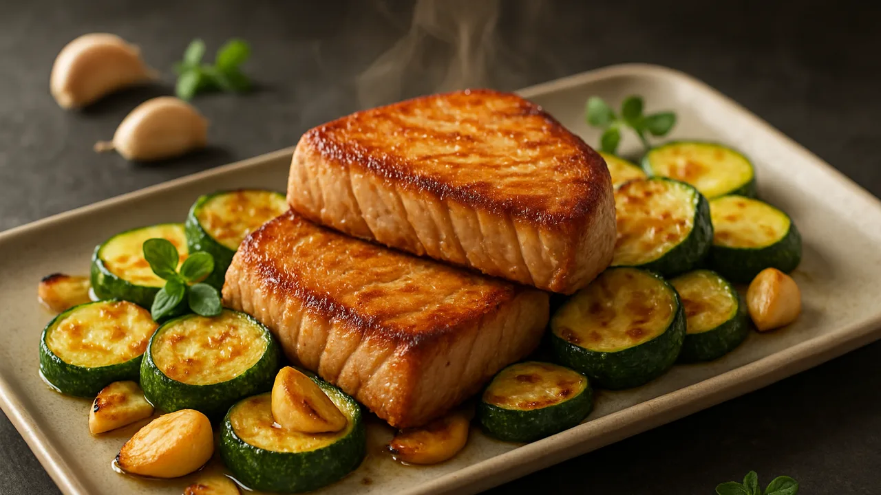 Thunfisch-Zucchini-Pfanne aus dem Airfryer mit Thunfischsteaks und Zucchini, auf dunklem Schiefer angerichtet.