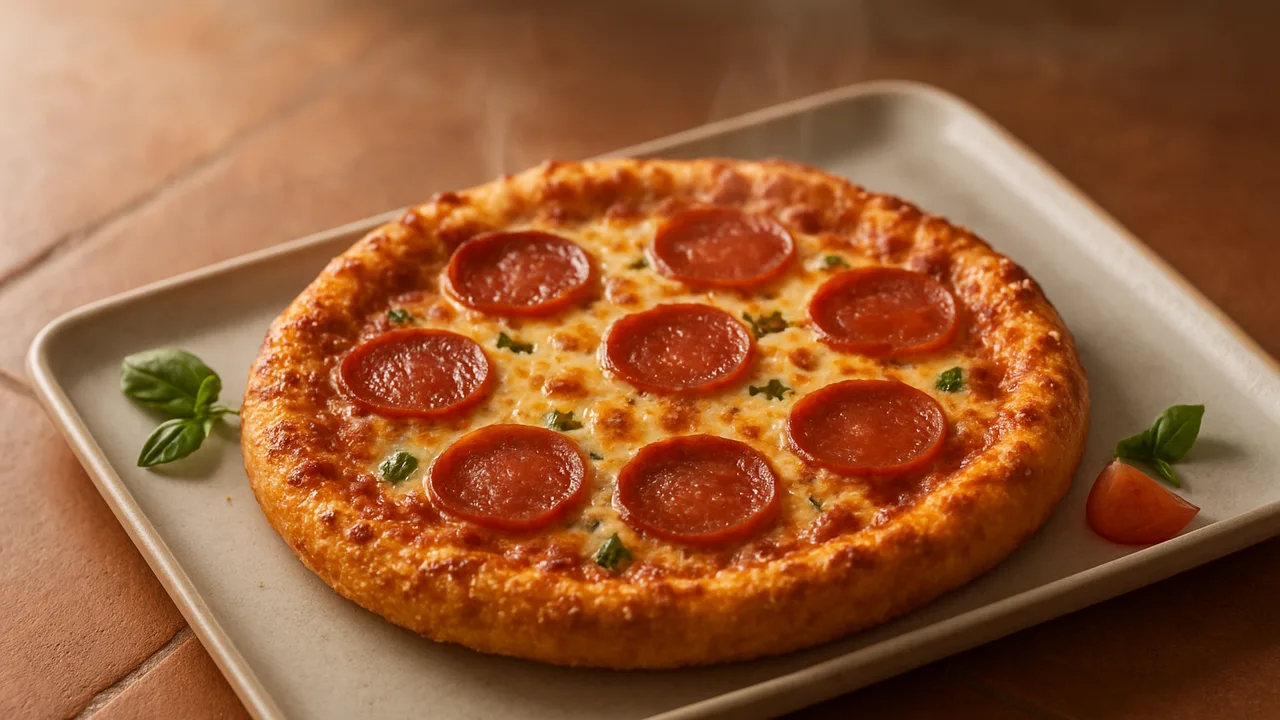 Tiefkühlpizza im Airfryer – knuspriger Boden mit Tiefkühlpizza, auf Terracotta-Fliesen angerichtet.
