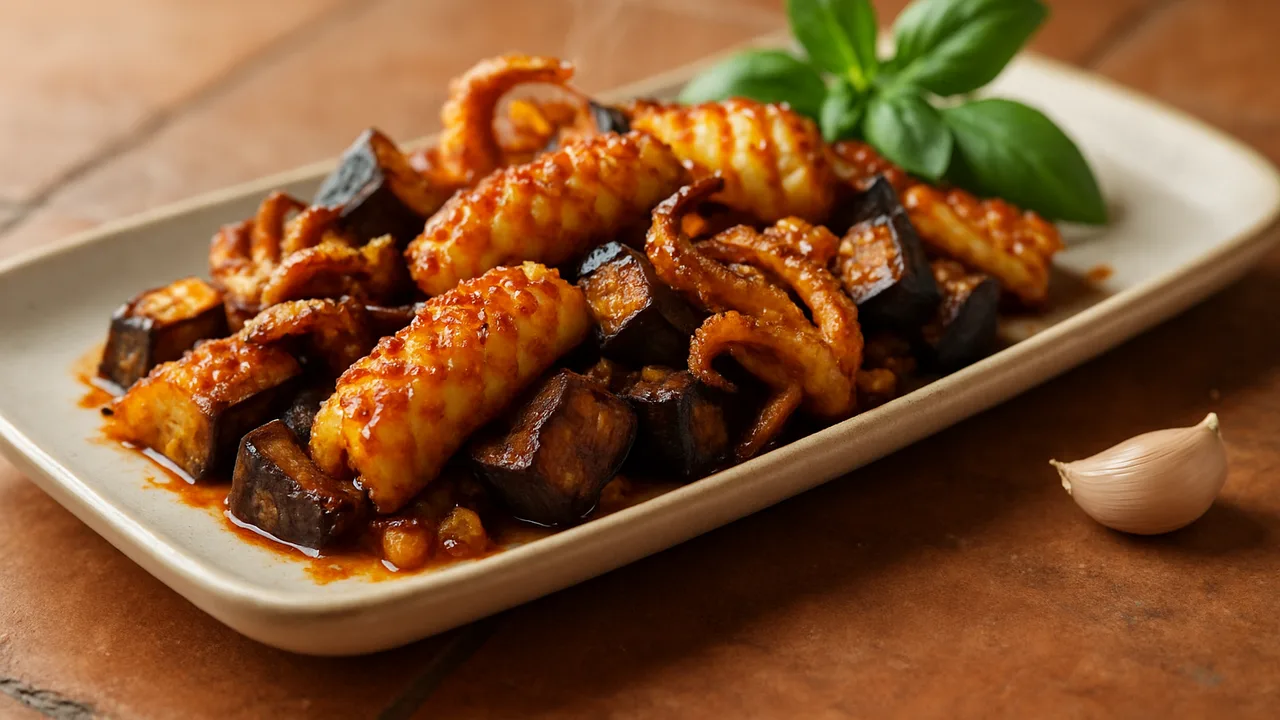 Tintenfisch-Aubergine-Pfanne BBQ-Style aus dem Airfryer mit Tintenfisch und Auberginen, auf Terracotta-Fliesen angerichtet.