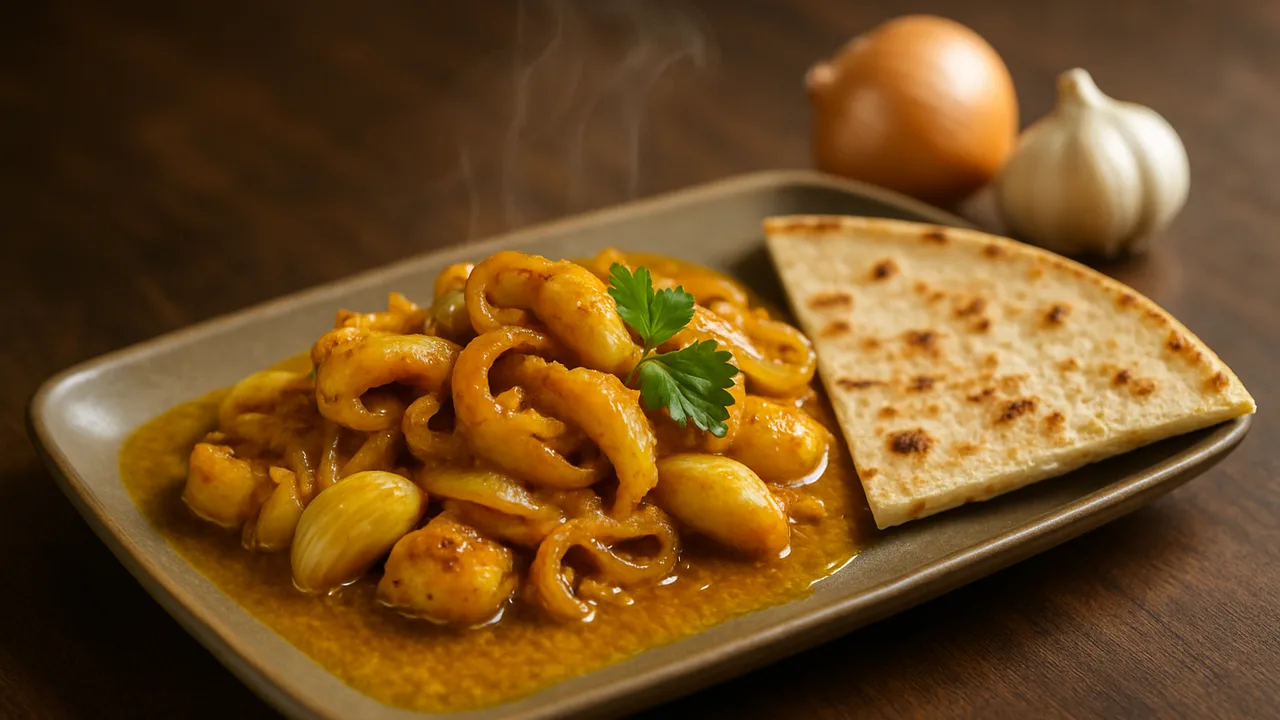 Tintenfisch Curry mit Knoblauch und Tortilla aus dem Airfryer mit Tintenfisch und Knoblauchzehen, auf dunklem Walnussholz …