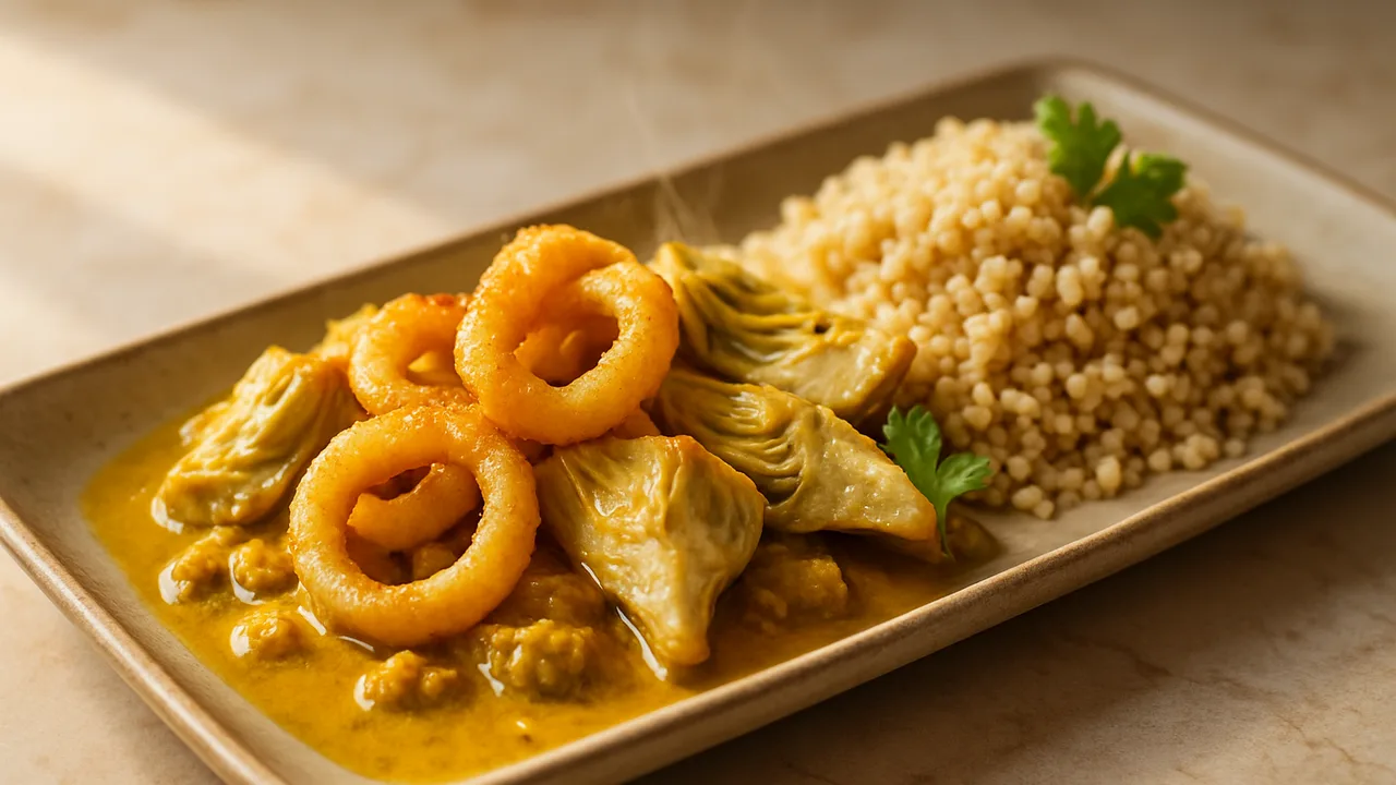 Tintenfisch Curry mit Artischocke und Bulgur aus dem Airfryer mit Tintenfisch und Artischockenherzen, auf beigem Marmor …
