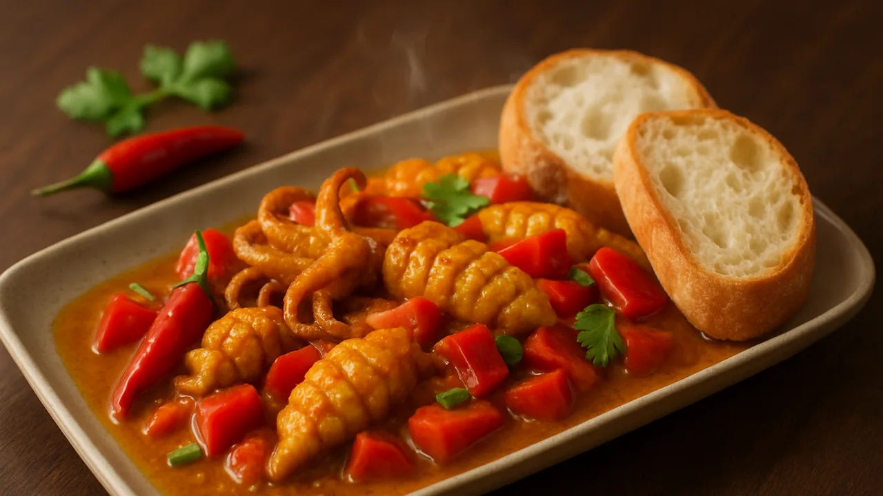 Tintenfisch Curry mit Chili und Baguette aus dem Airfryer mit Tintenfisch und Chilischoten, auf dunklem Walnussholz …