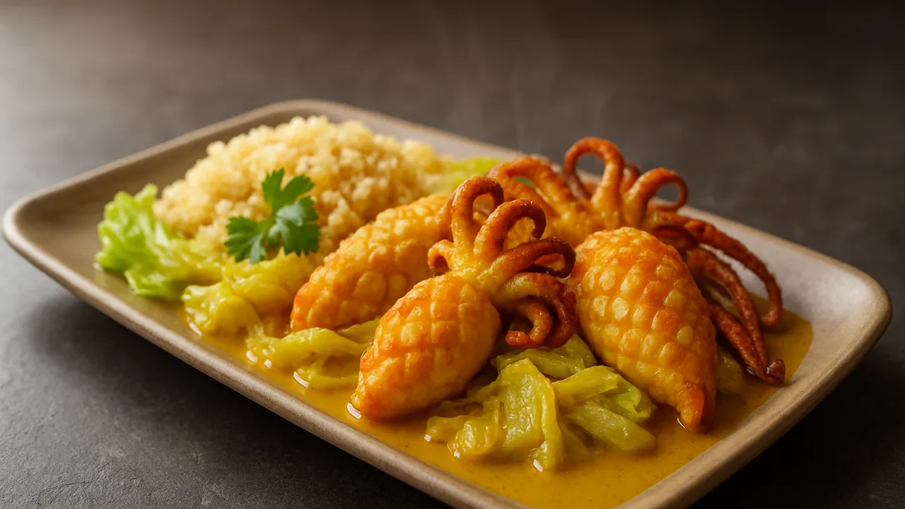 Tintenfisch Curry mit Chinakohl und Couscous aus dem Airfryer mit Tintenfisch und Chinakohl, auf dunklem Schiefer …