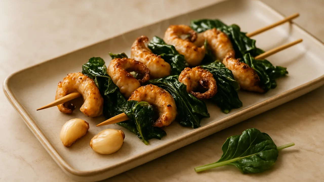 Tintenfisch-Spieße mit Mangold aus dem Airfryer mit Tintenfisch und Mangold, auf beigem Marmor angerichtet.