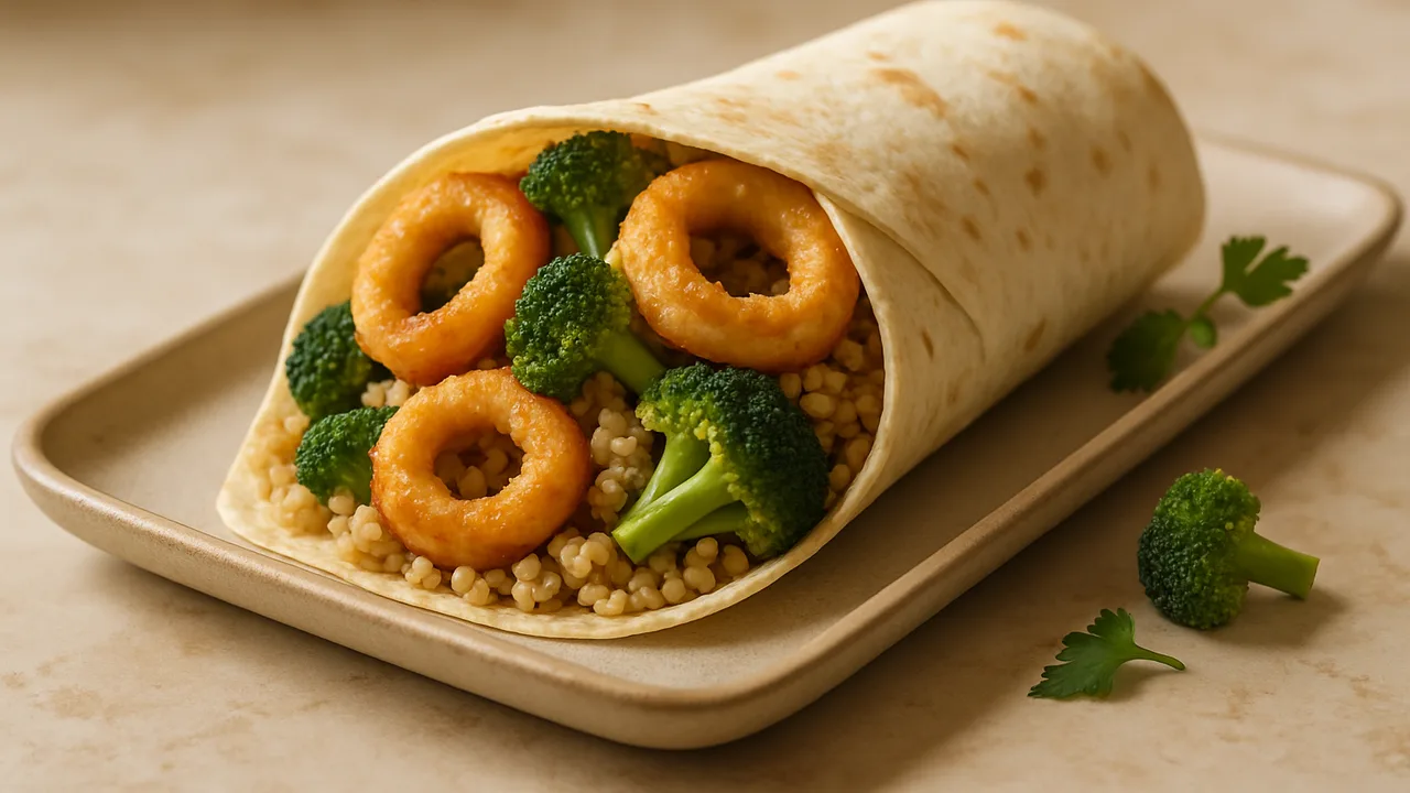 Tintenfisch Wrap mit Brokkoli und Bulgur aus dem Airfryer mit Tintenfischringe und Brokkoliröschen, auf beigem Marmor …