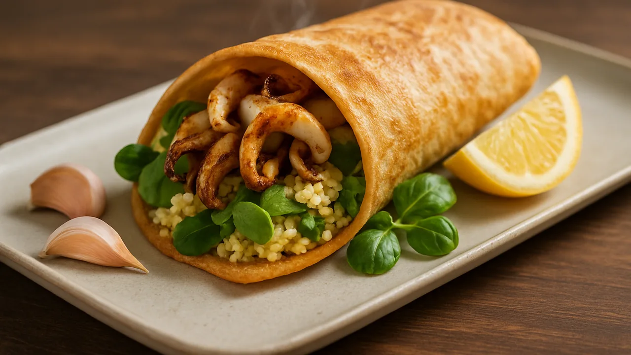 Tintenfisch Wrap mit Feldsalat und Hirse aus dem Airfryer mit Tintenfisch und Knoblauchzehen, auf dunklem Walnussholz …