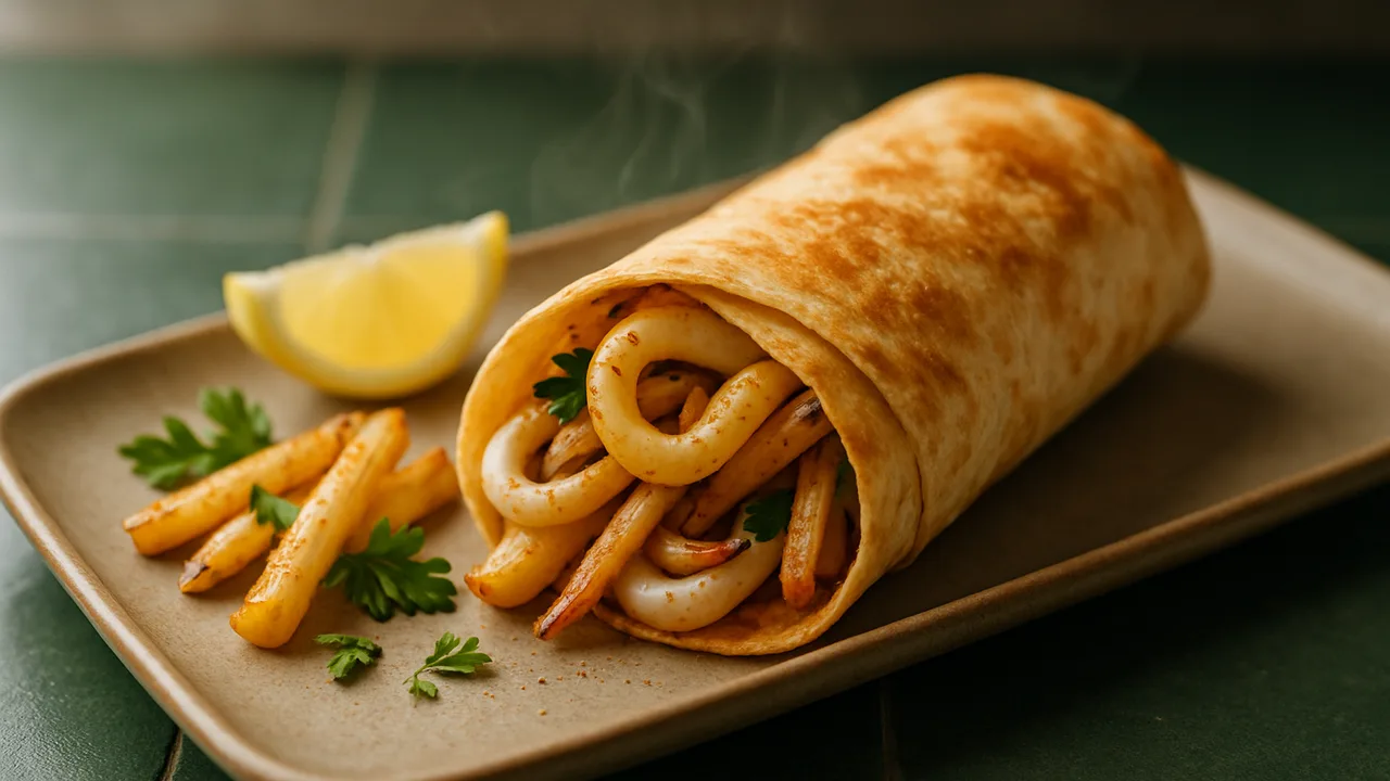 Tintenfisch Wrap mit Pastinake und Tortilla aus dem Airfryer mit Tintenfisch und Pastinake, auf dunkelgrünen Fliesen …