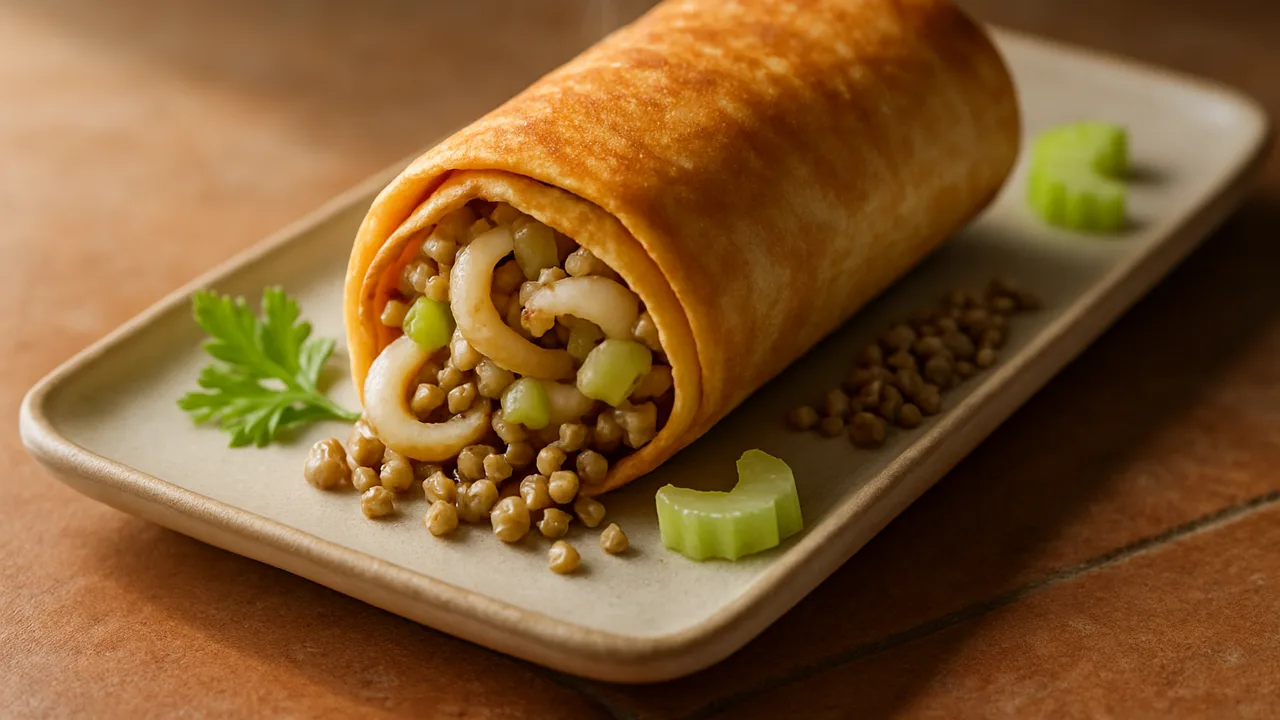 Tintenfisch Wrap mit Sellerie und Buchweizen aus dem Airfryer mit Tintenfisch und Sellerie, auf Terracotta-Fliesen …