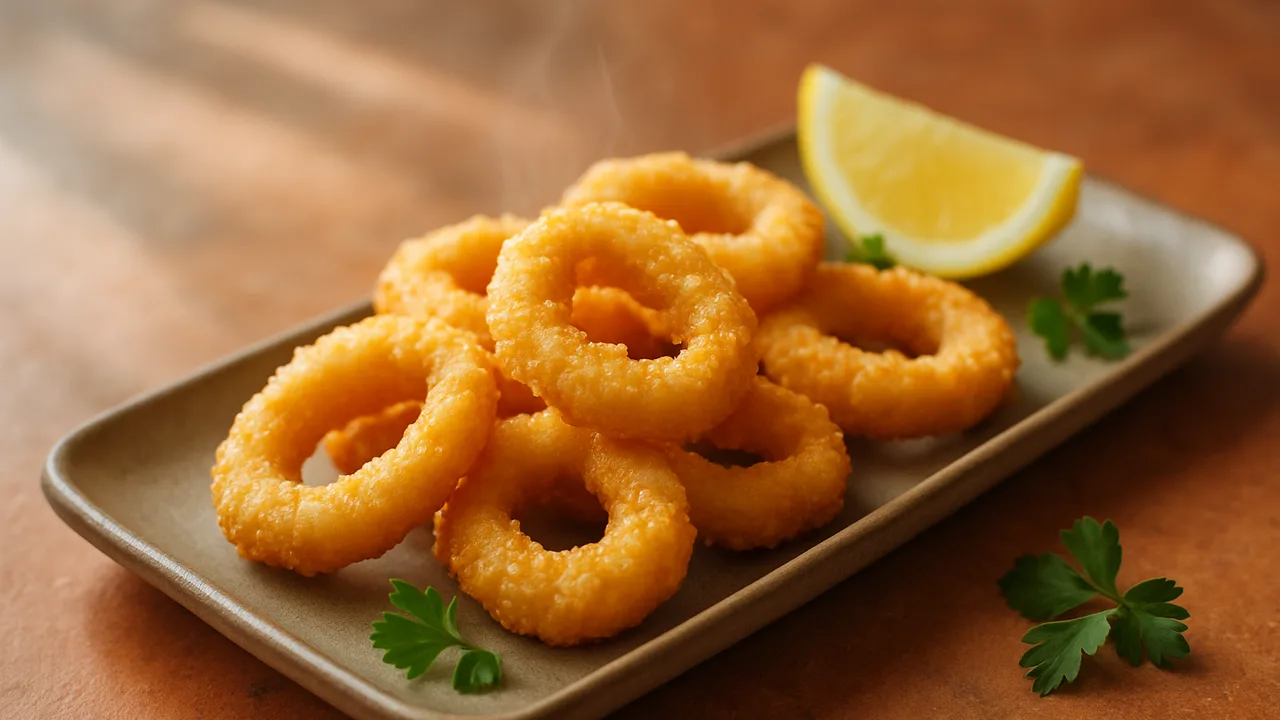 Tintenfischringe aus dem Airfryer – zart und knusprig mit Tintenfischringe (TK oder frisch) und Ei, auf Terracotta-Fliesen …