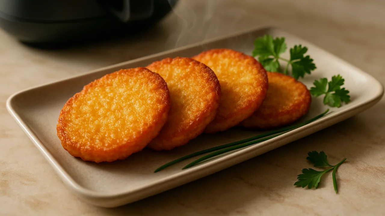 TK-Kartoffelpuffer im Airfryer knusprig aufbacken mit TK-Kartoffelpuffer, auf beigem Marmor angerichtet.