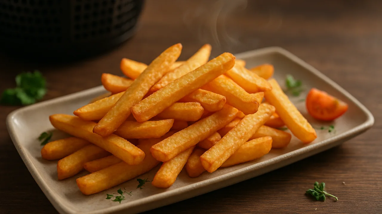 TK-Pommes extra knusprig – die besten Tricks aus dem Airfryer mit TK-Pommes, auf dunklem Walnussholz angerichtet.