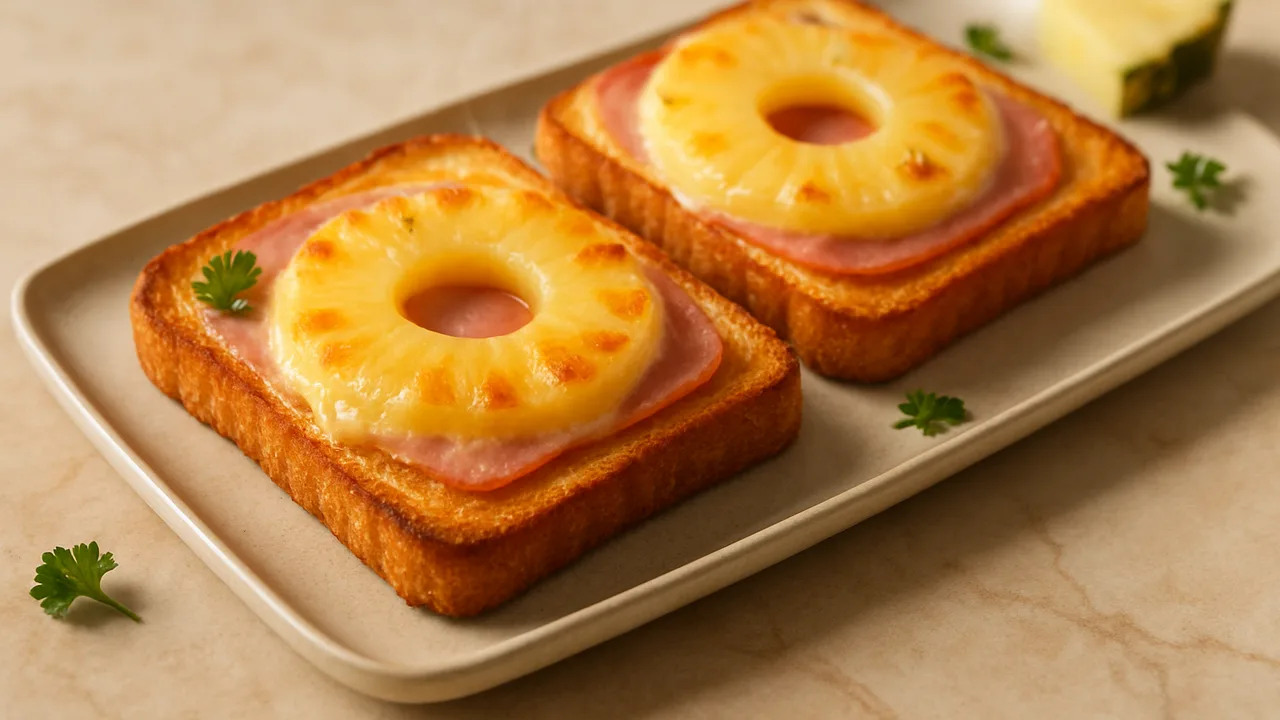 Toast Hawaii mit Ananas, Schinken und Käse aus dem Airfryer mit Toastbrot und Kochschinken, auf beigem Marmor angerichtet.