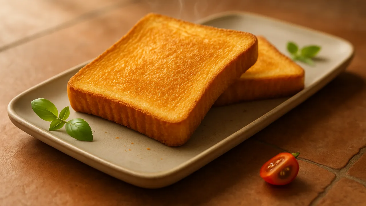 Toast im Airfryer – knusprig getoastet mit Toastbrot, auf Terracotta-Fliesen angerichtet.