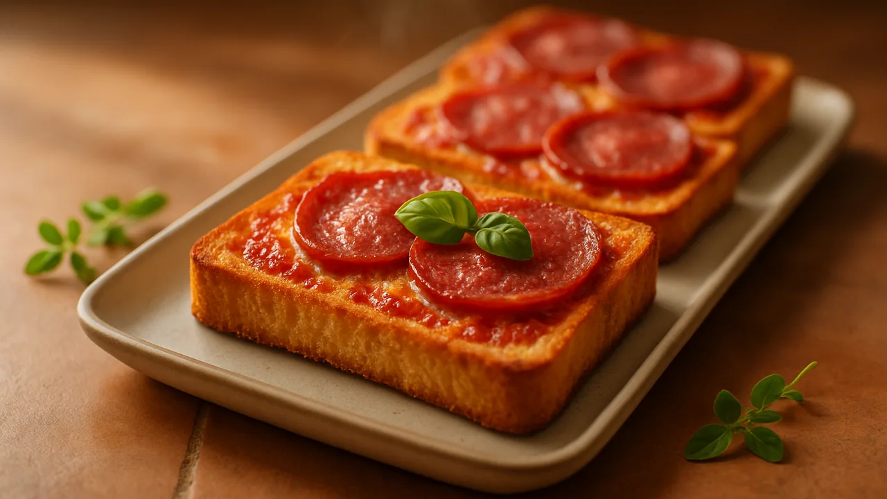 Toast-Pizza mit Salami aus dem Airfryer mit Toastbrot und Tomatenmark, auf Terracotta-Fliesen angerichtet.