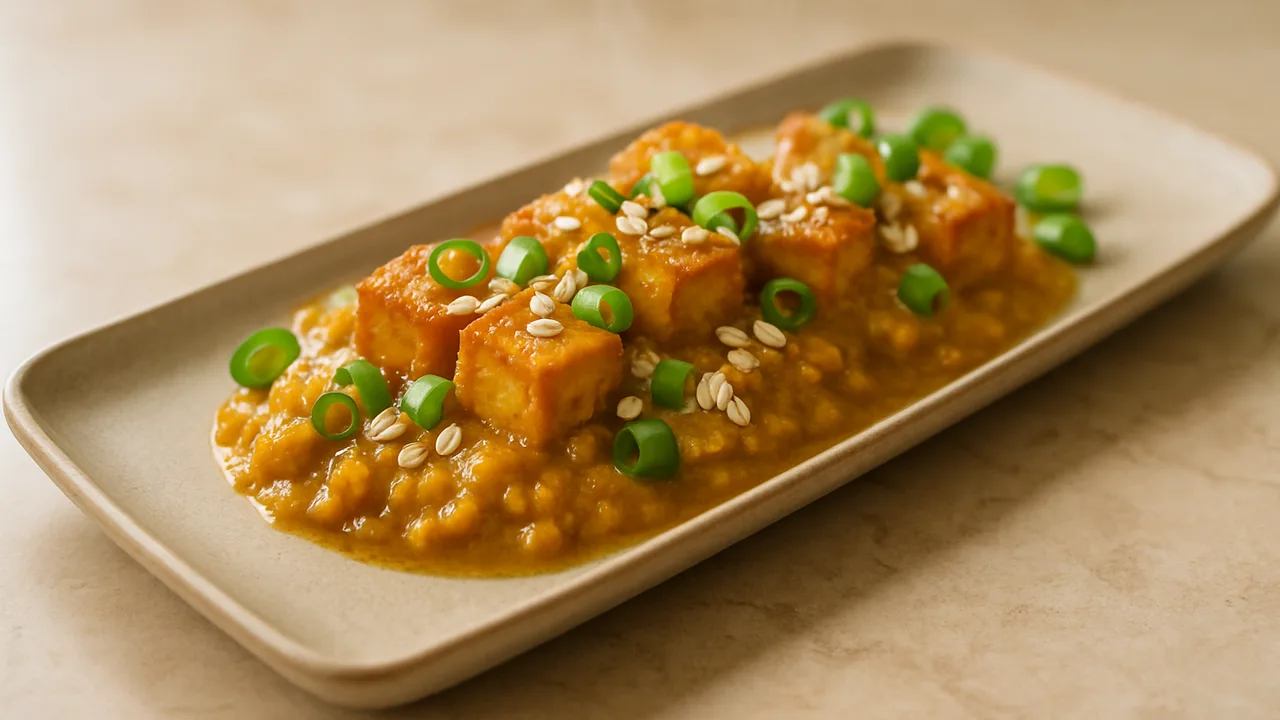 Tofu Curry mit Frühlingszwiebel und Haferflocken aus dem Airfryer mit Tofu und Frühlingszwiebel, auf beigem Marmor …