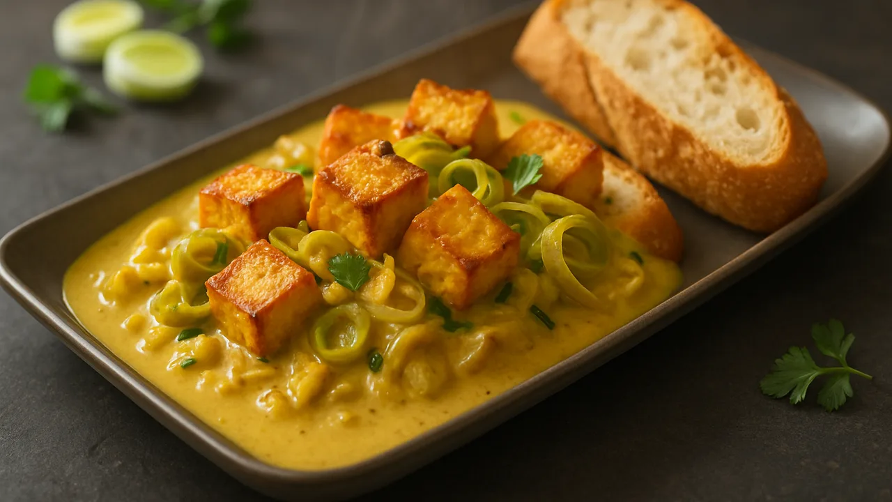 Tofu Curry mit Lauch und Baguette aus dem Airfryer mit Tofu und Lauch, auf dunklem Schiefer angerichtet.