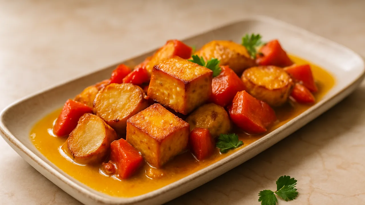 Tofu Curry mit Topinambur aus dem Airfryer mit Tofu und Topinambur, auf beigem Marmor angerichtet.