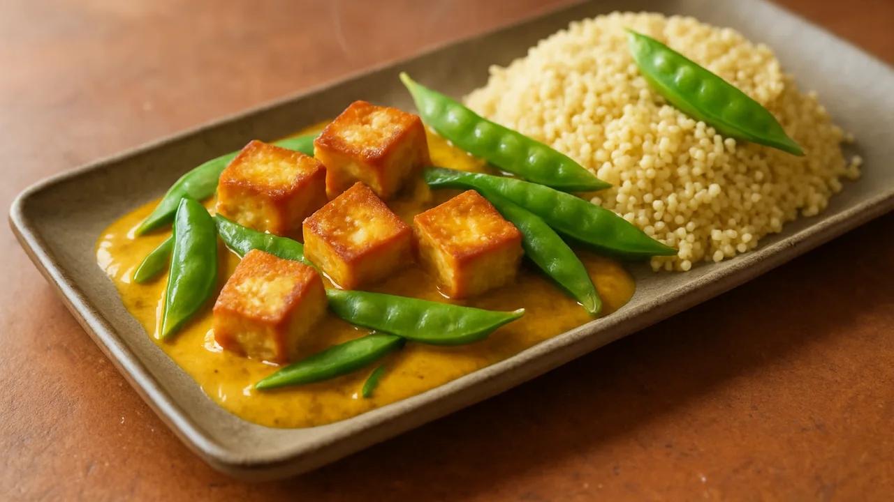 Tofu Curry mit Zuckerschoten und Hirse aus dem Airfryer mit Tofu und Zuckerschoten, auf Terracotta-Fliesen angerichtet.
