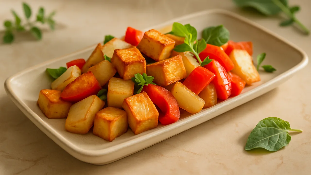 Tofu-Kohlrabi-Pfanne aus dem Airfryer mit Tofu und Kohlrabi, auf beigem Marmor angerichtet.