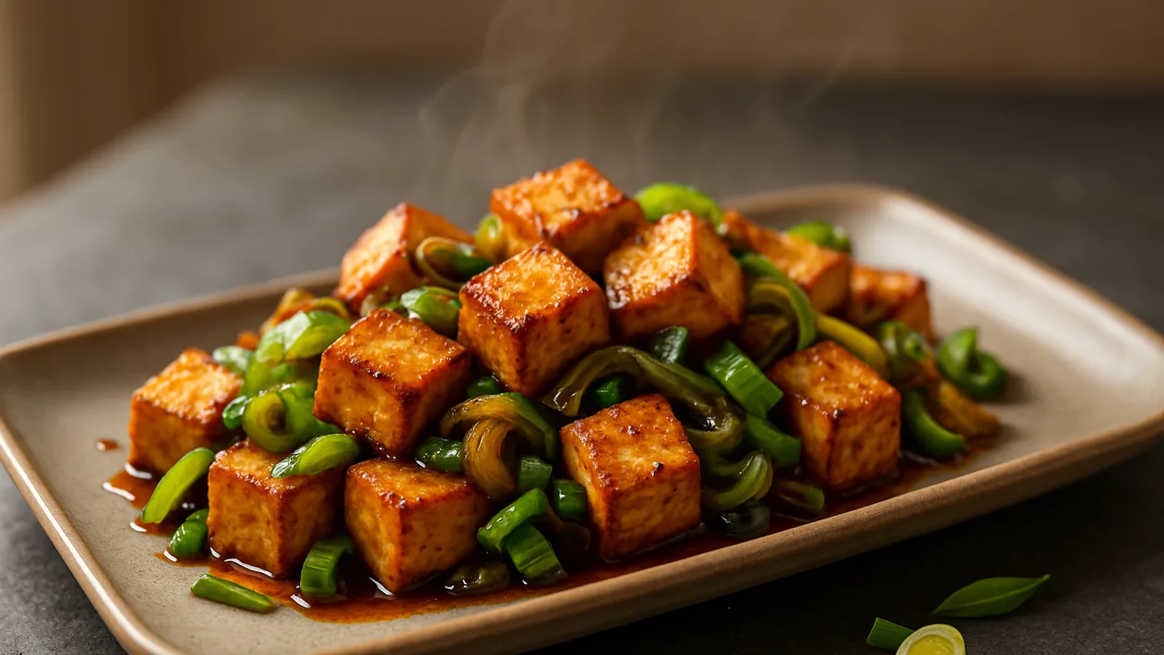 Tofu-Lauch-Pfanne BBQ-Style aus dem Airfryer mit Tofu und Lauch, auf dunklem Schiefer angerichtet.