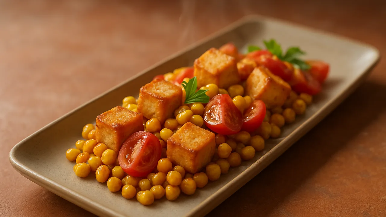 Tofu-Mais-Pfanne aus dem Airfryer mit Tofu und Maiskörner, auf Terracotta-Fliesen angerichtet.