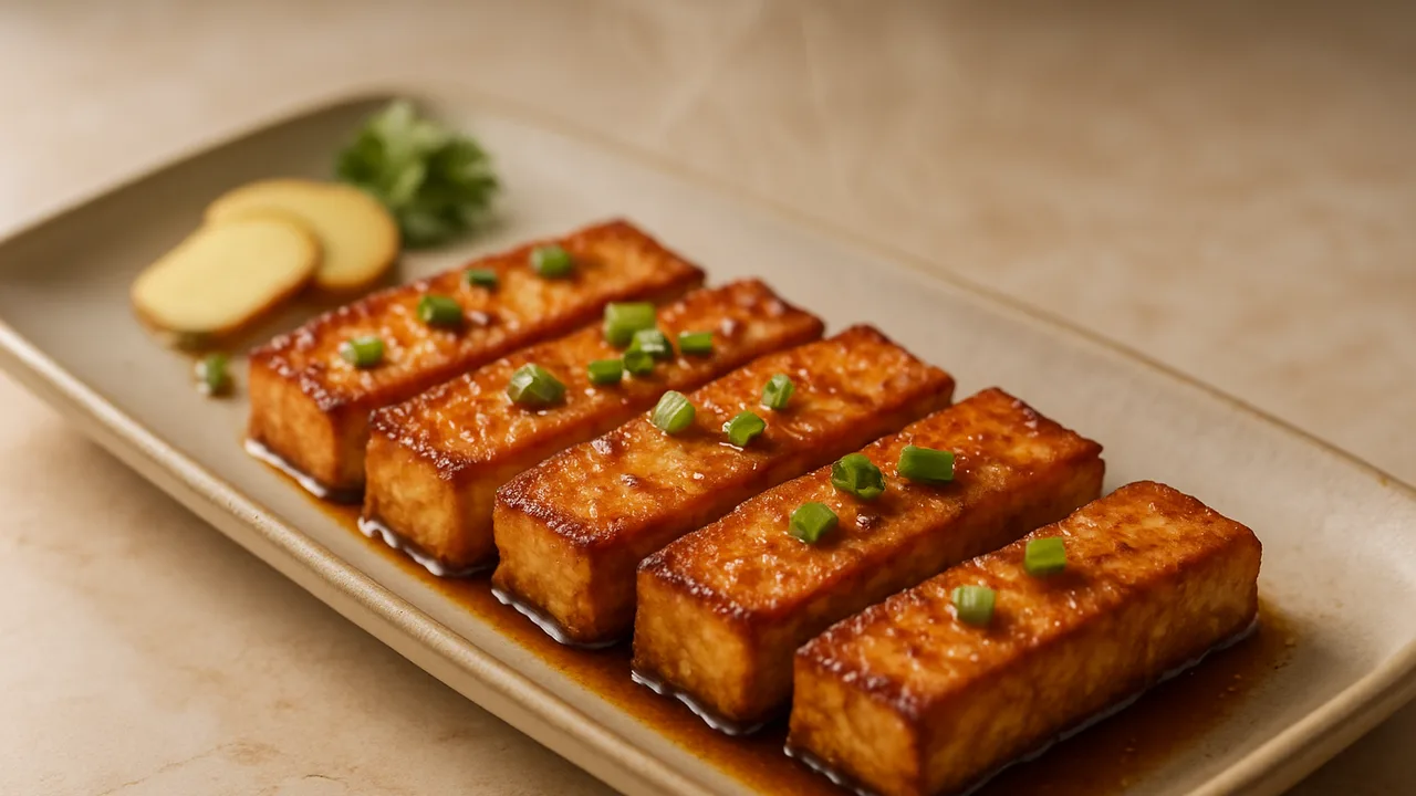 Tofu mit Soja-Ingwer-Marinade aus dem Airfryer mit Tofu (fest) und Sojasauce, auf beigem Marmor angerichtet.