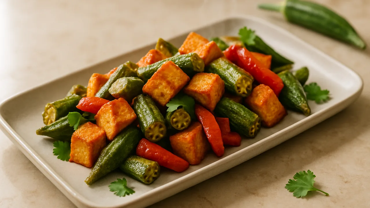 Thailändische Tofu-Okra-Pfanne aus dem Airfryer mit Tofu und Okra, auf beigem Marmor angerichtet.