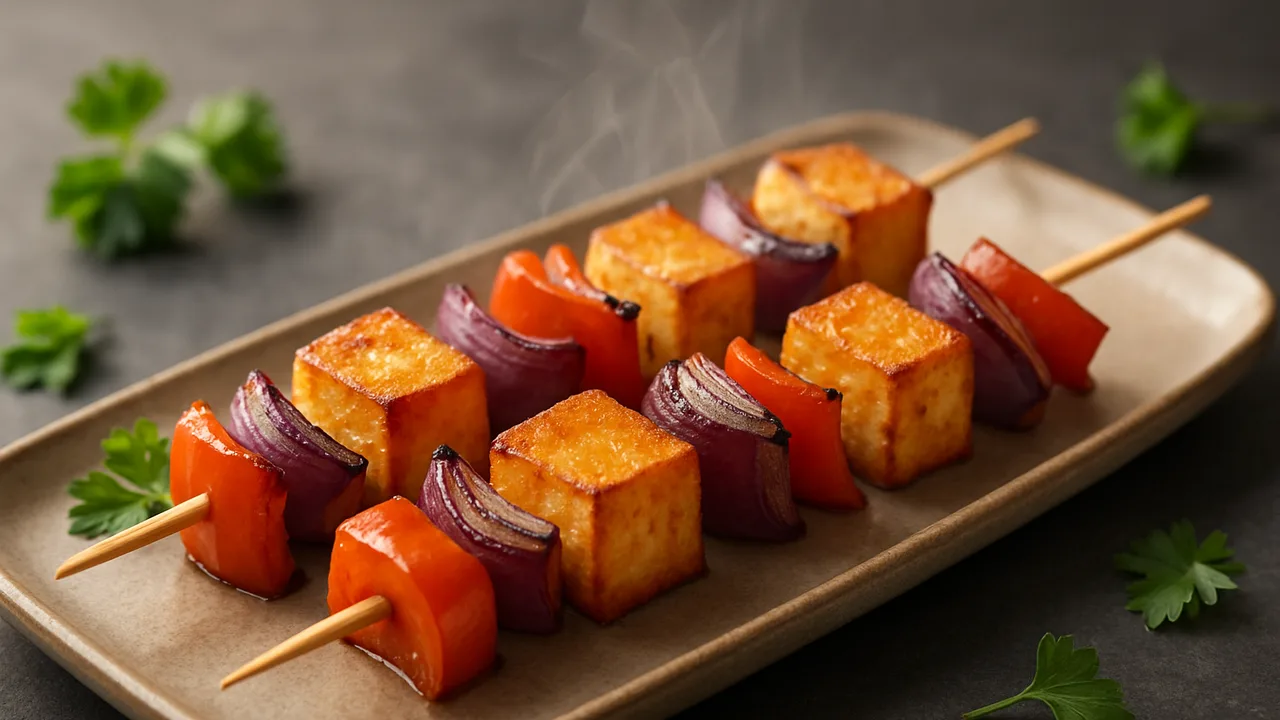 Tofu-Spieße mit Paprika aus dem Airfryer mit Tofu und Paprika, auf dunklem Schiefer angerichtet.