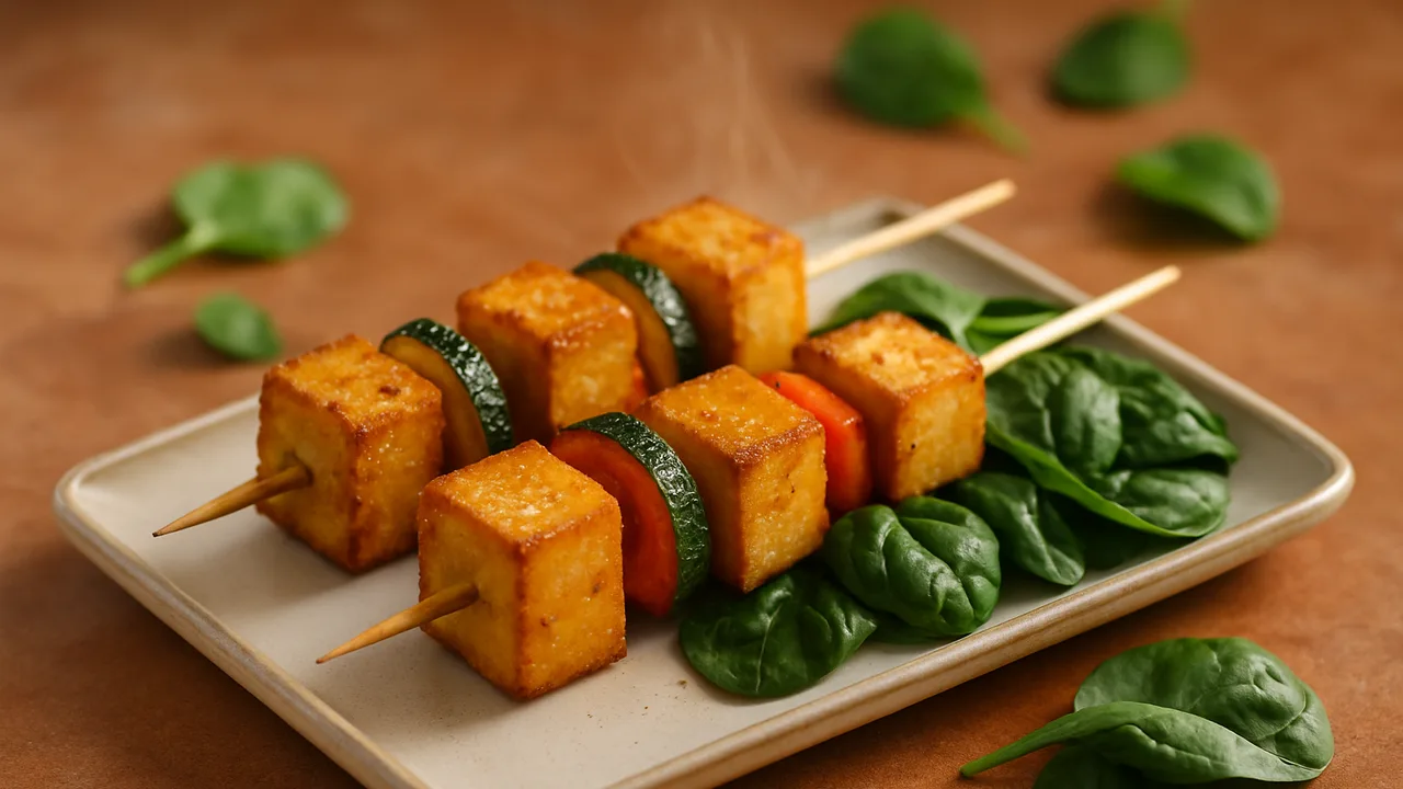 Tofu-Spieße mit Spinat aus dem Airfryer mit Tofu, fest und Paprika, auf Terracotta-Fliesen angerichtet.