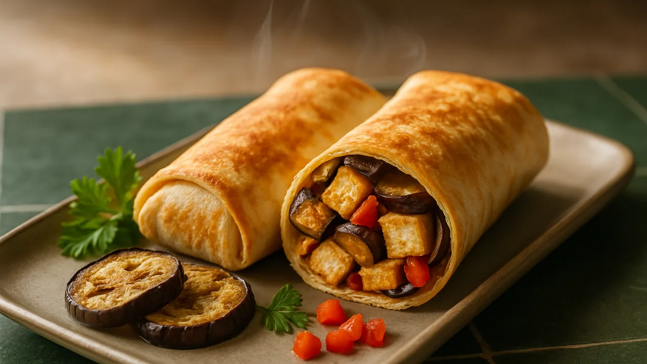 Tofu Wrap mit Aubergine und Tortilla-Wraps aus dem Airfryer mit Tofu und Aubergine, auf dunkelgrünen Fliesen angerichtet.