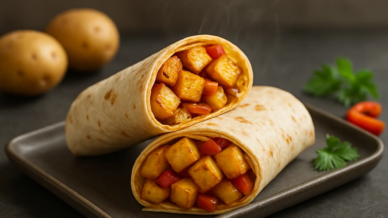 Tofu Wrap mit Kartoffel und Tortilla-Wraps aus dem Airfryer mit Kartoffeln und Tofu, auf dunklem Schiefer angerichtet.