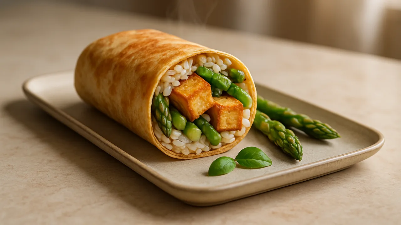 Tofu Wrap mit Spargel und Reis aus dem Airfryer mit Tofu und grüner Spargel, auf beigem Marmor angerichtet.