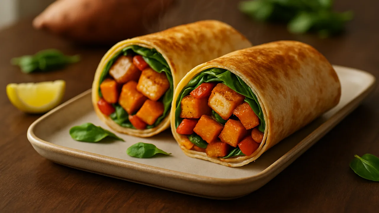 Tofu Wrap mit Süßkartoffel und Tortilla-Wraps aus dem Airfryer mit Tofu und Süßkartoffel, auf dunklem Walnussholz …