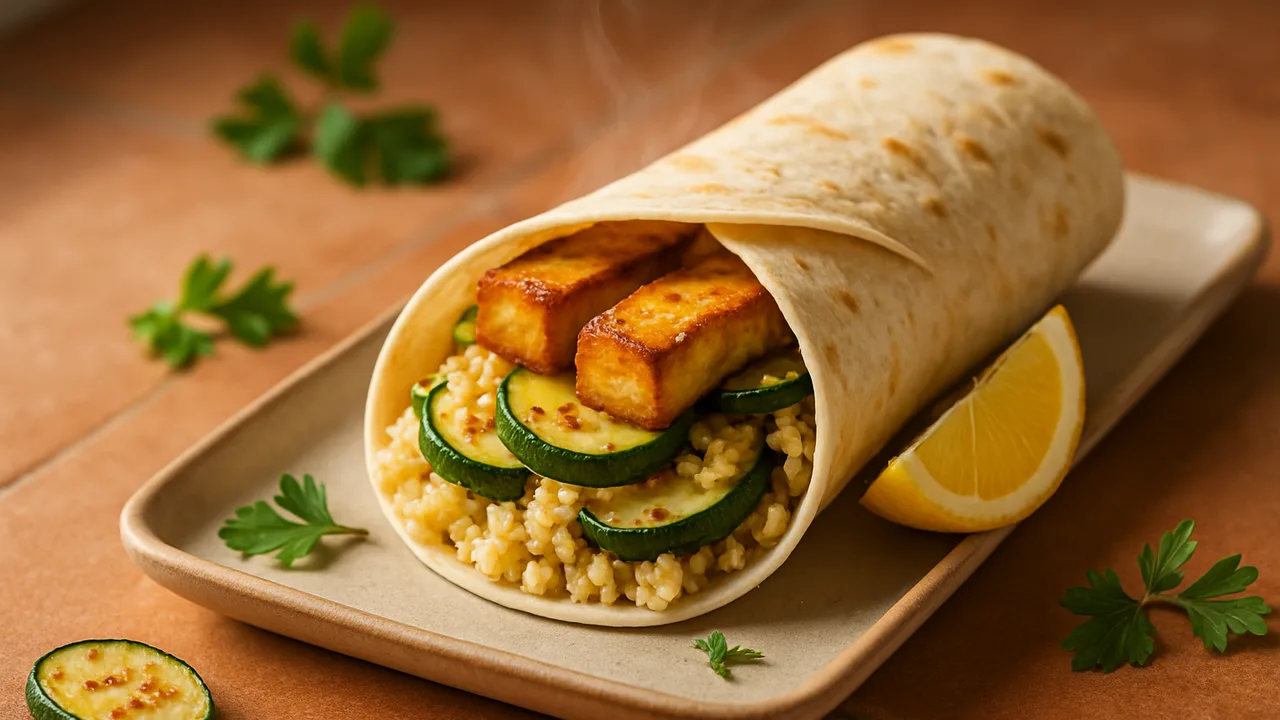 Tofu Wrap mit Zucchini und Couscous aus dem Airfryer mit Tofu und Zucchini, auf Terracotta-Fliesen angerichtet.