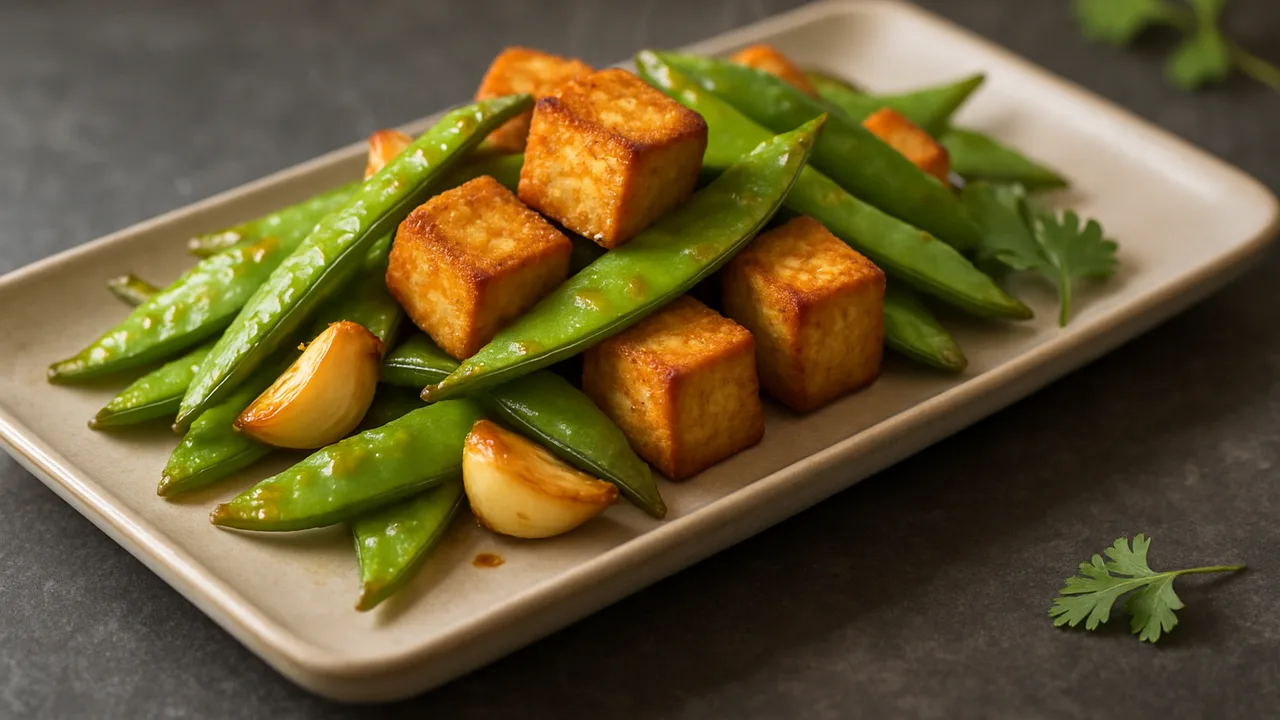 Tofu-Zuckerschoten-Pfanne aus dem Airfryer mit Tofu und Zuckerschoten, auf dunklem Schiefer angerichtet.