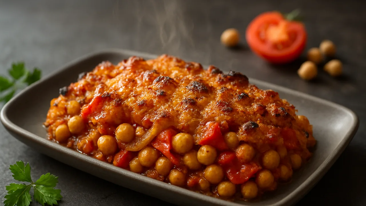 Tomate-Kichererbsen-Auflauf aus dem Airfryer mit Kichererbsen und Tomaten, auf dunklem Schiefer angerichtet.