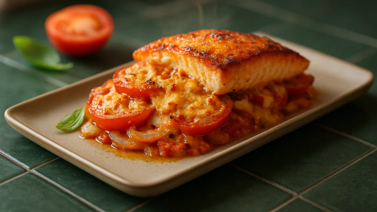 Tomate-Lachs-Auflauf aus dem Airfryer mit Lachsfilet und Tomaten, auf dunkelgrünen Fliesen angerichtet.