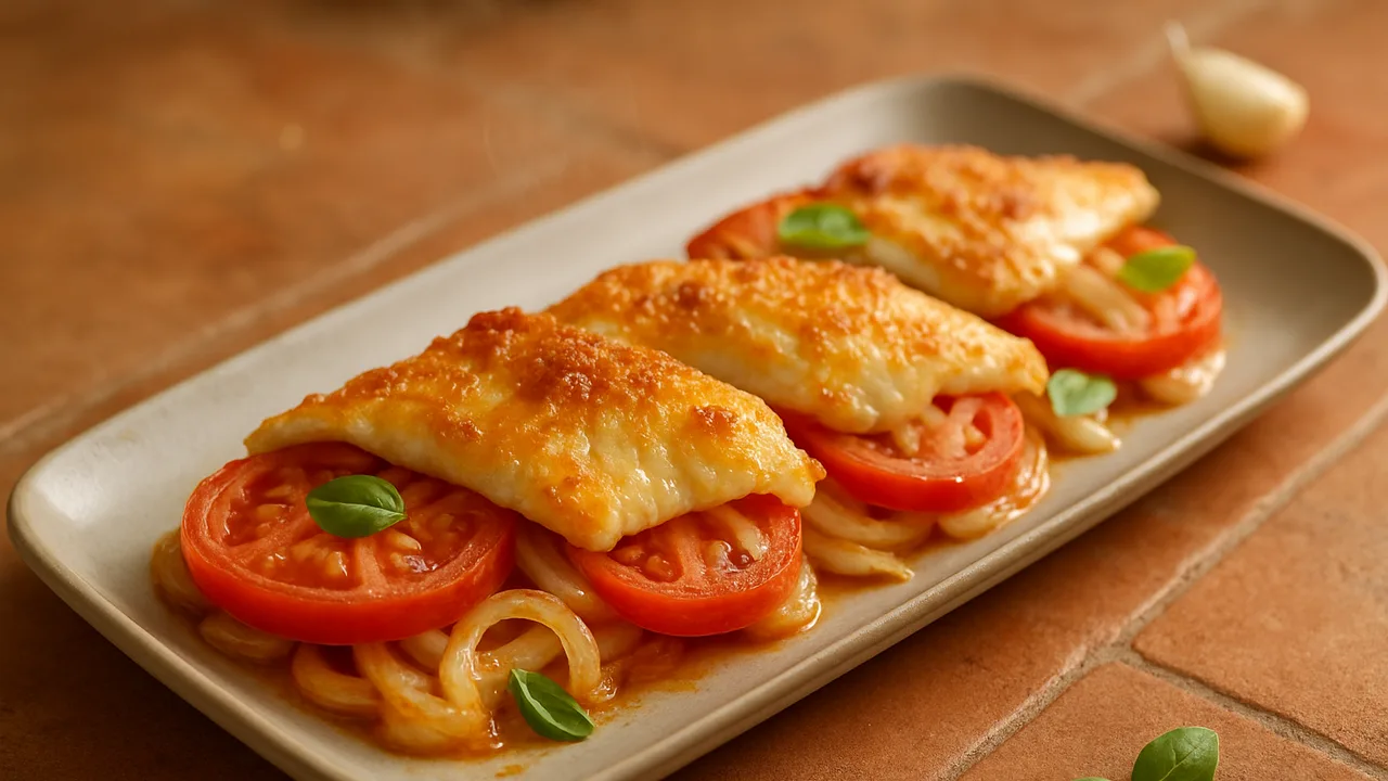 Tomate-Scholle-Auflauf aus dem Airfryer mit Schollenfilets und Tomaten, auf Terracotta-Fliesen angerichtet.