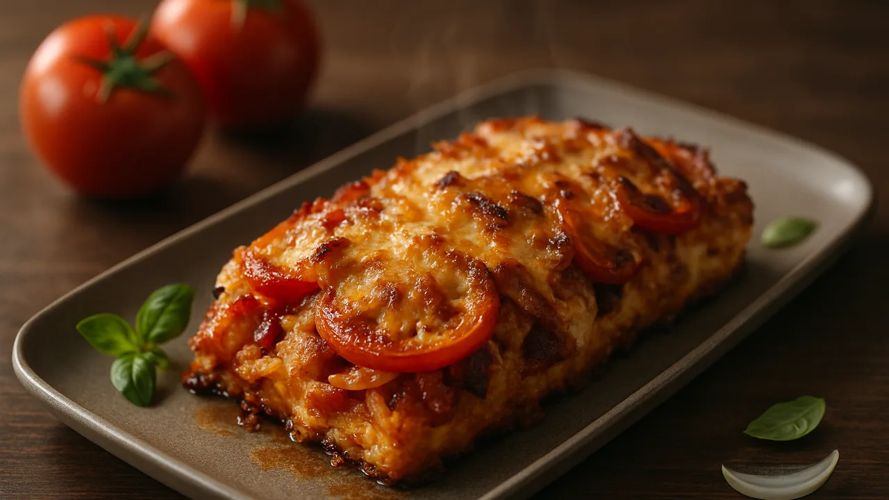 Tomate-Speck Auflauf aus dem Airfryer mit Tomaten und Speck, auf dunklem Walnussholz angerichtet.