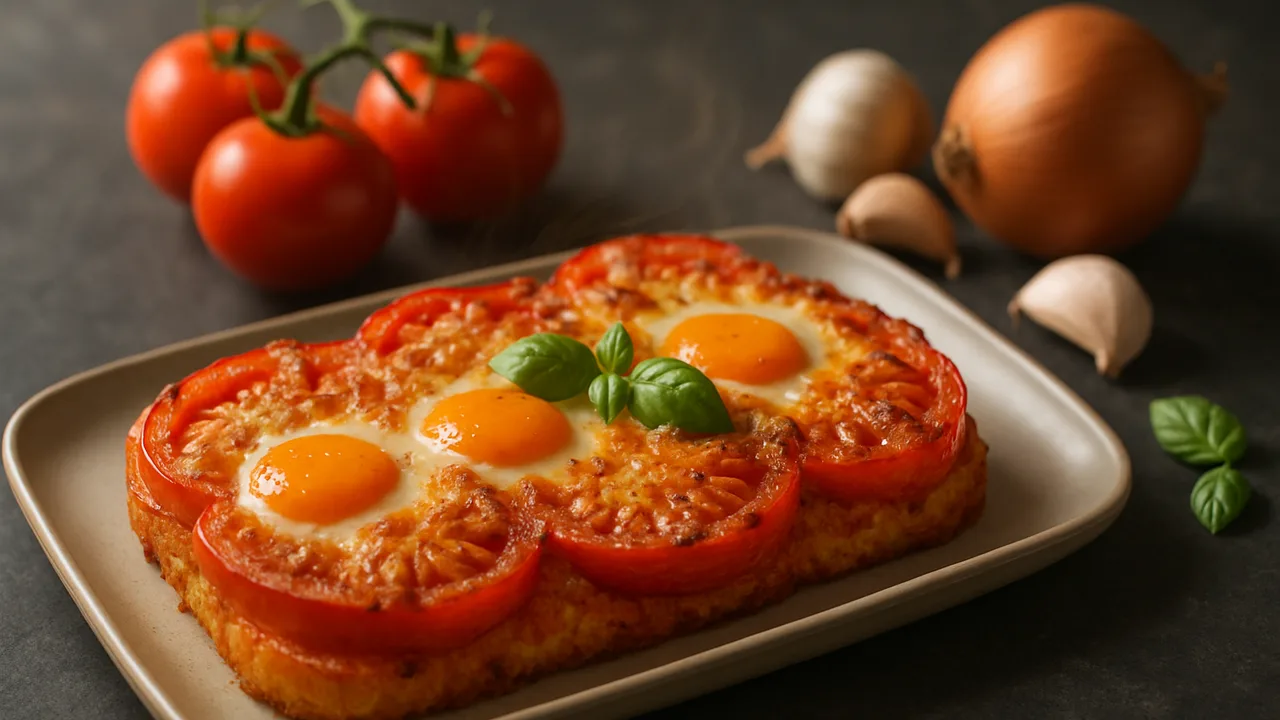 Tomaten-Ei Auflauf aus dem Airfryer mit Tomaten und Zwiebel, auf dunklem Schiefer angerichtet.