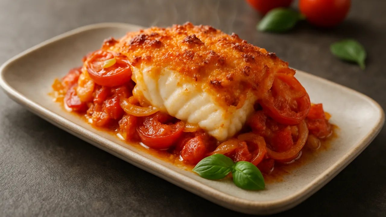Tomaten-Kabeljau Auflauf aus dem Airfryer mit Kabeljaufilet und Tomaten, auf dunklem Schiefer angerichtet.