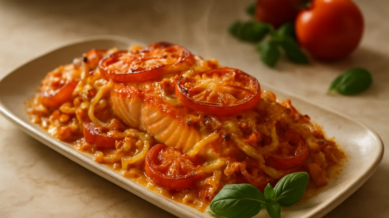 Tomaten-Lachs Auflauf aus dem Airfryer mit Lachsfilet und Tomaten, auf beigem Marmor angerichtet.