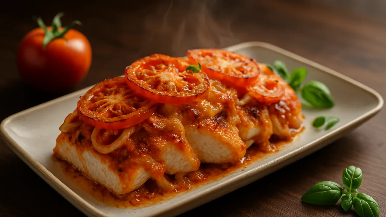 Tomaten-Putenbrust Auflauf aus dem Airfryer mit Putenbrustfilet und Tomaten, auf dunklem Walnussholz angerichtet.