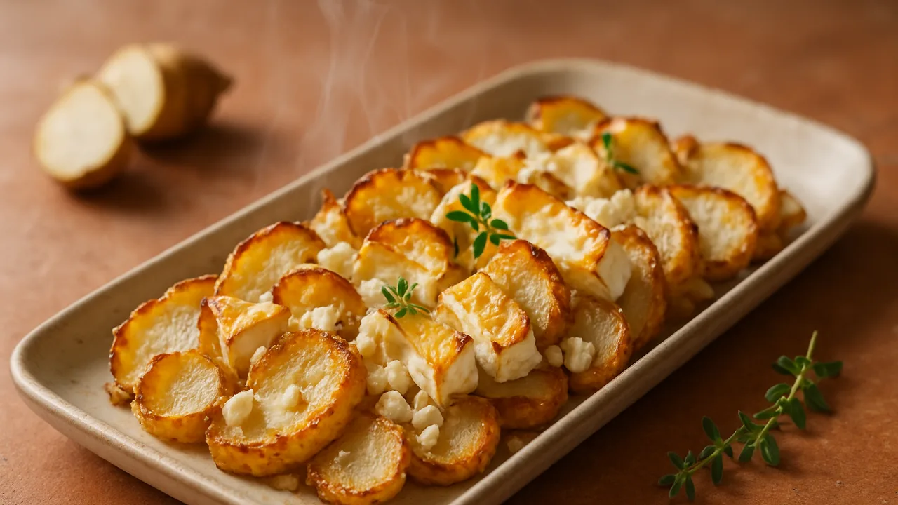 Topinambur-Camembert-Auflauf aus dem Airfryer mit Topinambur und Camembert, auf Terracotta-Fliesen angerichtet.