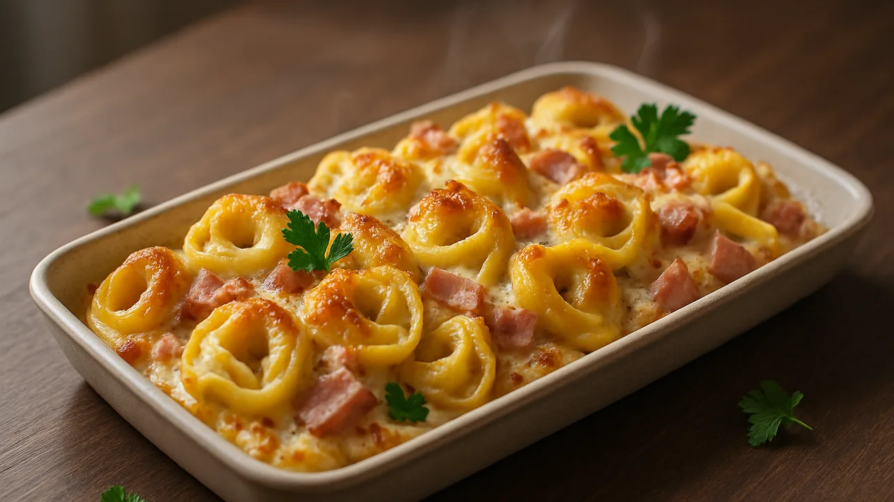 Tortellini-Auflauf mit Schinken und Sahne aus dem Airfryer mit Tortellini (frisch oder vorgekocht) und Schinken, auf …