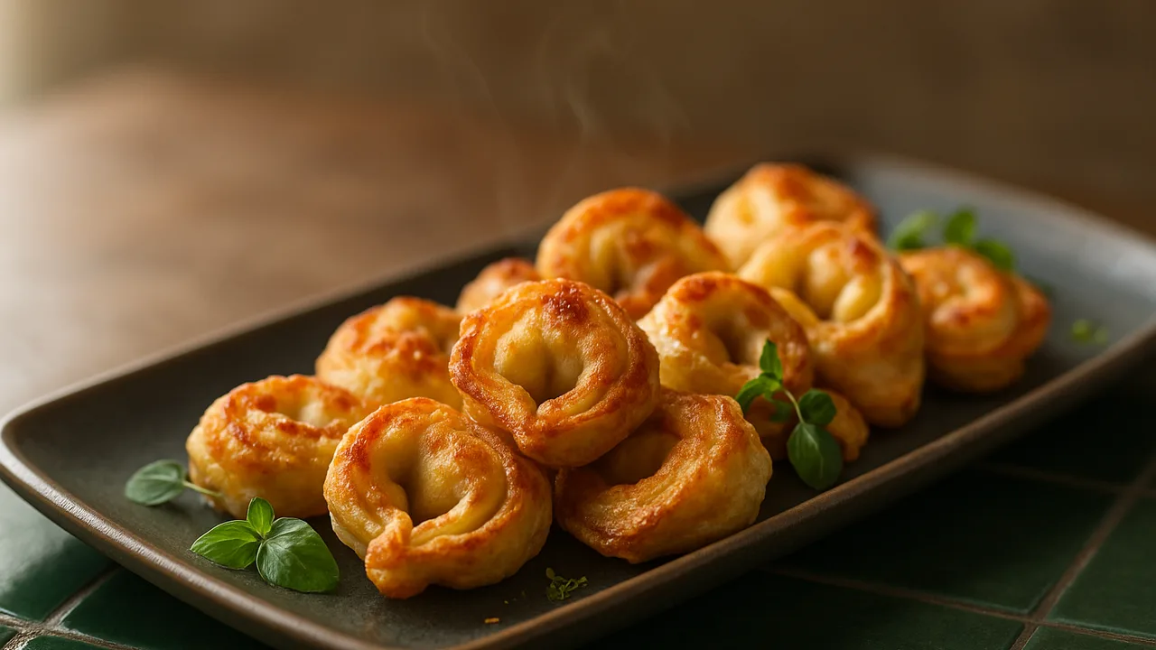 Tortellini im Airfryer ohne Vorkochen mit Tortellini (Kühlregal), auf dunkelgrünen Fliesen angerichtet.